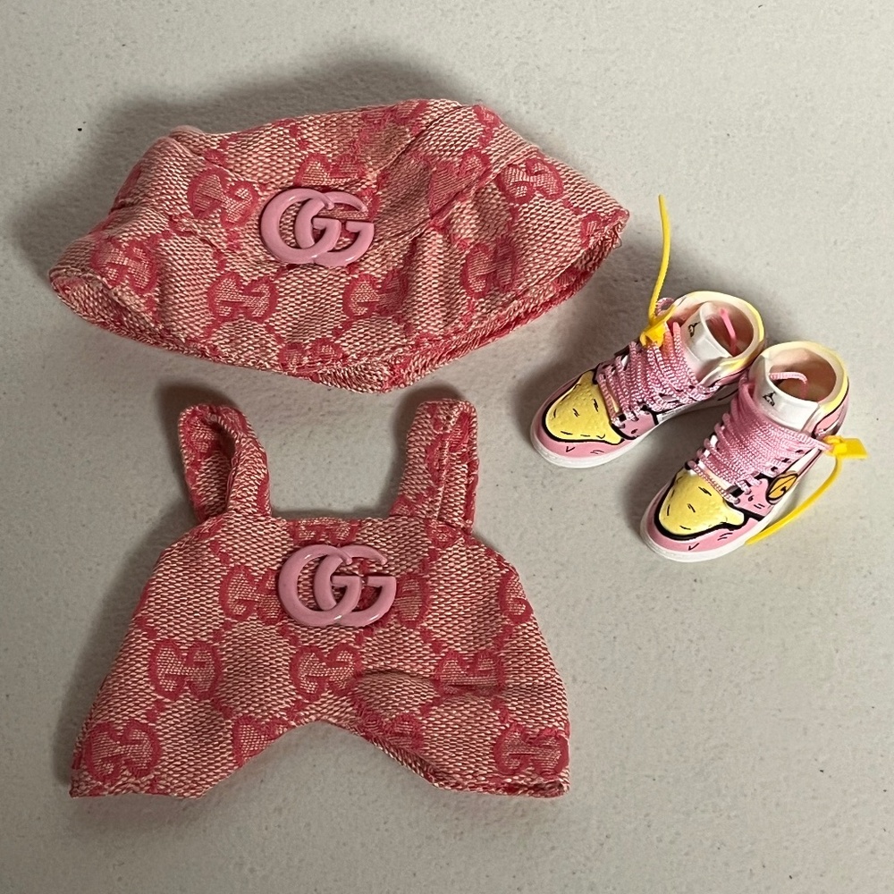 Designer Overalls Bucket Hat 3 Piece Sneaker Outfit Set For Labubu Pink